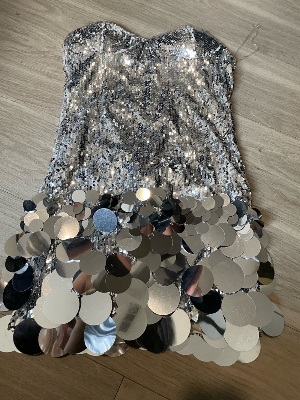 Fashion Nova Silver Sequin Strapless Mini Dress